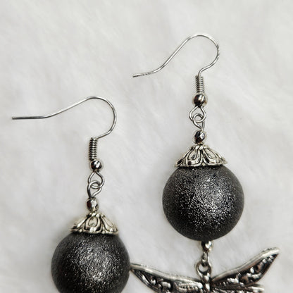 Shimmery Antique Silver Dragonfly Earrings