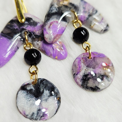 Purple Polymer Clay Marble Dangle Earrings in Gold with black bead