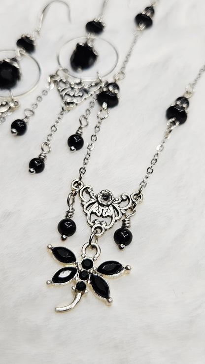 Vintage Filigree Set - Black Crystal Dragonfly and Silver Filigree Pendant Necklace with Earrings