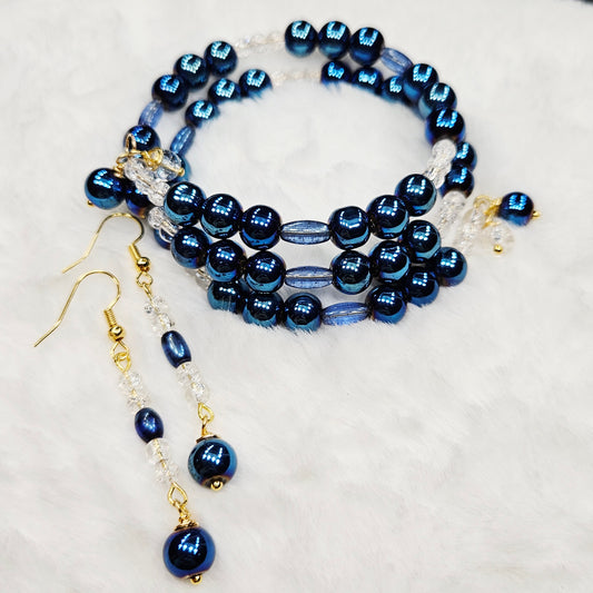 Metallic Midnight Blue Wrap Bracelet and Earrings