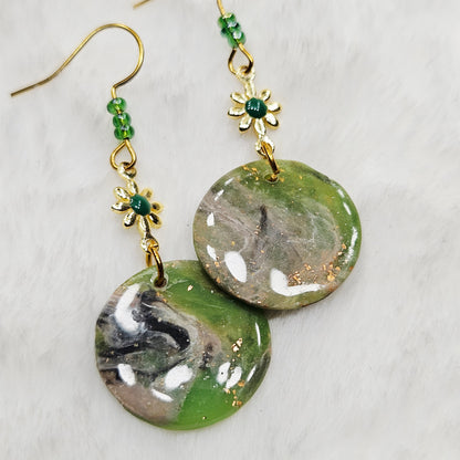 Lime Green Camouflage Polymer Clay Earrings with Gold Flowers