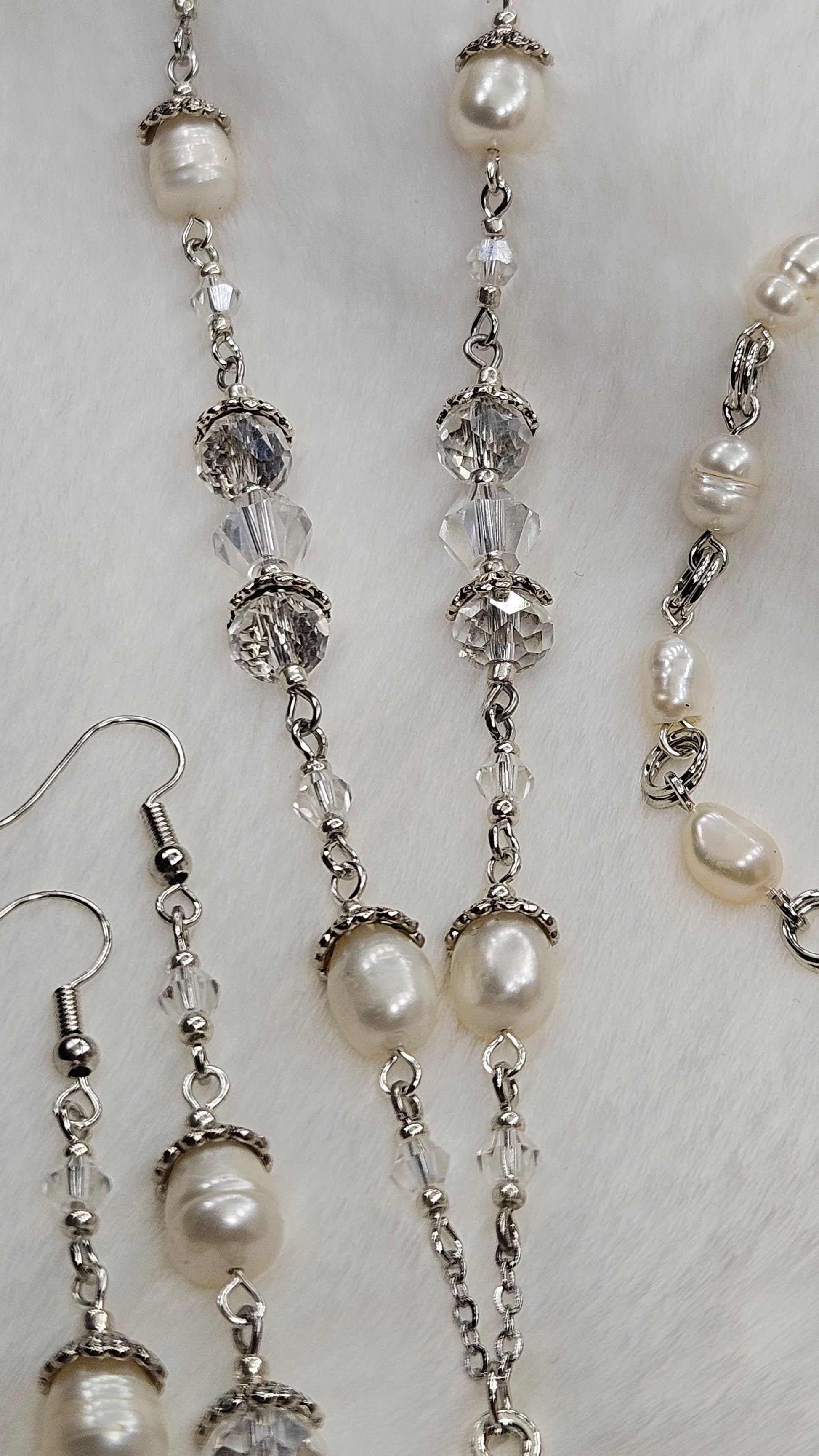 Silver Risen Rose Cross Set - Rose Cross Pendant Necklace with Crystal & Freshwater Pearls Earrings & Bracelet