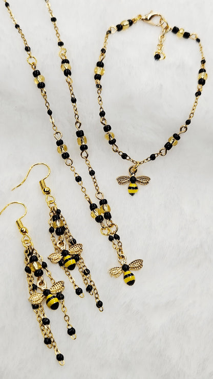 Busy Lil Bee's Full Set - Black and Yellow Bee Charms on Black and Gold Chain Necklace, Earrings and Bracelet