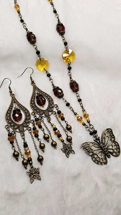 Large Brass Butterfly Pendant Necklace & Chandelier Earrings with Dark Amber  and Golden Crystals