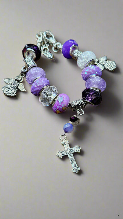 Precious Purple & Silver Angels & Cross Charm Bracelet