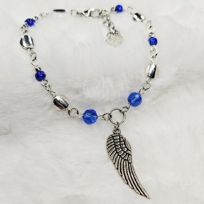 Silver Wing Charm Bracelet with Blue Crystals