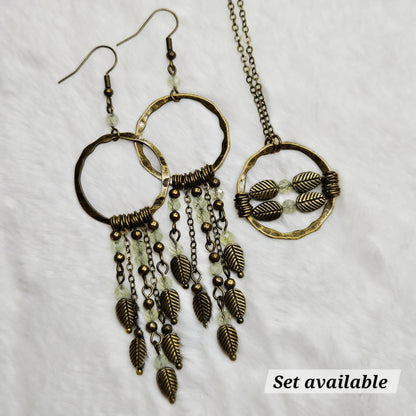 Long Rustic Prehnite Crystal and Brass Leaf Chandelier Earrings