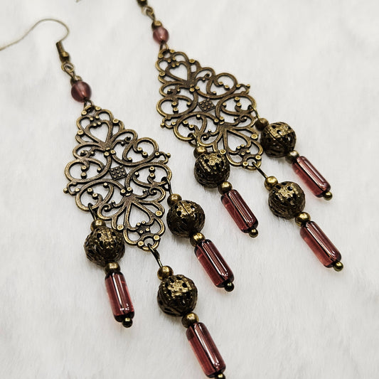 Diamond Antique Brass Tibetan Filigree Rhombus Chandelier Earrings with Smokey Purple Dangles