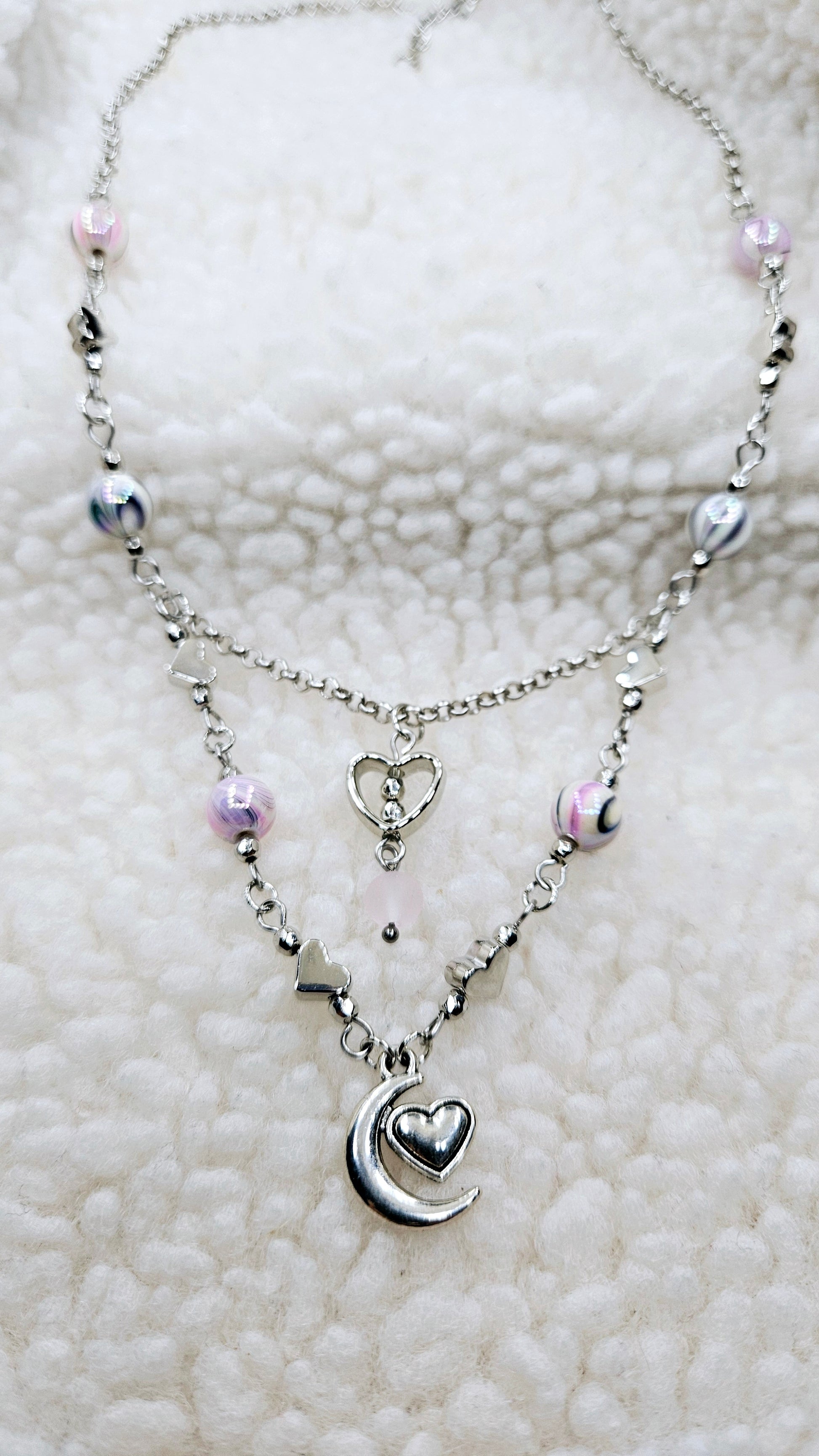 Pink Luna Love Set - Silver Moon-heart Pendant Necklace & Matching Moon-heart Charm Earrings