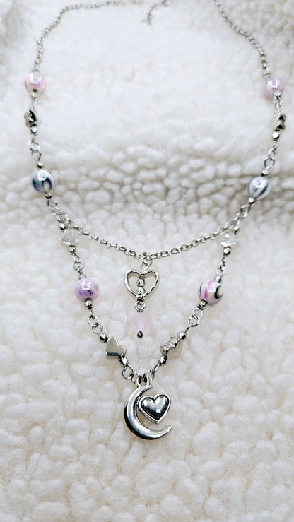 Pink Luna Love Set - Silver Moon-heart Pendant Necklace & Matching Moon-heart Charm Earrings