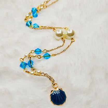 Blue Clam Shell Pendant Necklace with Light Blue Crystals and Pearls on Gold Chain