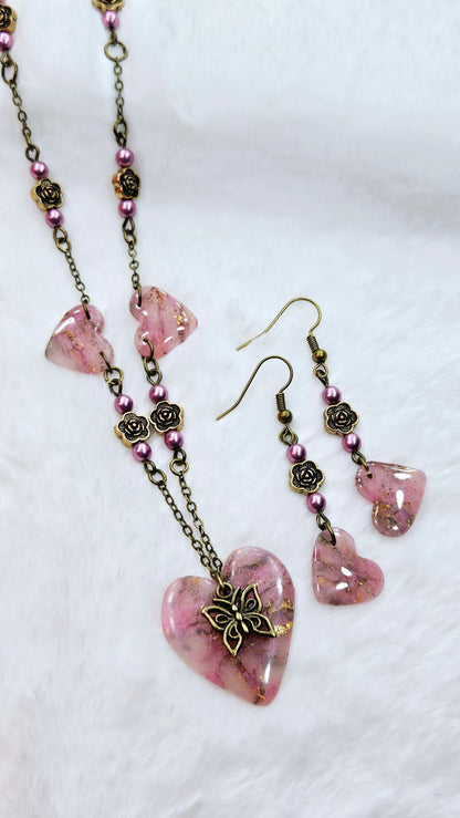 Pink Passion Marbled Clay Set: Pink Clay Hearts with Gold Fleck and Brass Butterfly Pendant Necklace with Matching Earrings