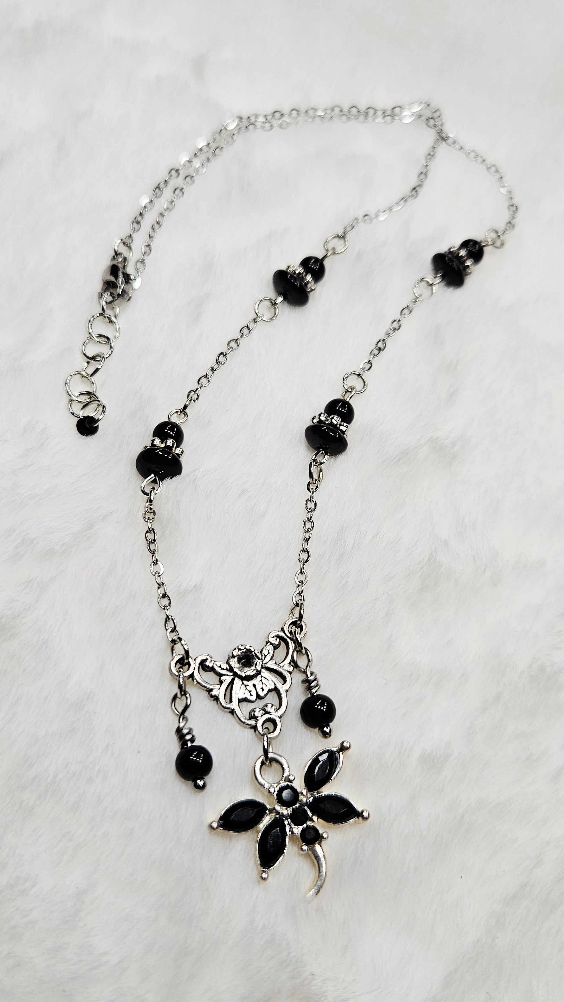Vintage Filigree Set - Black Crystal Dragonfly and Silver Filigree Pendant Necklace with Earrings