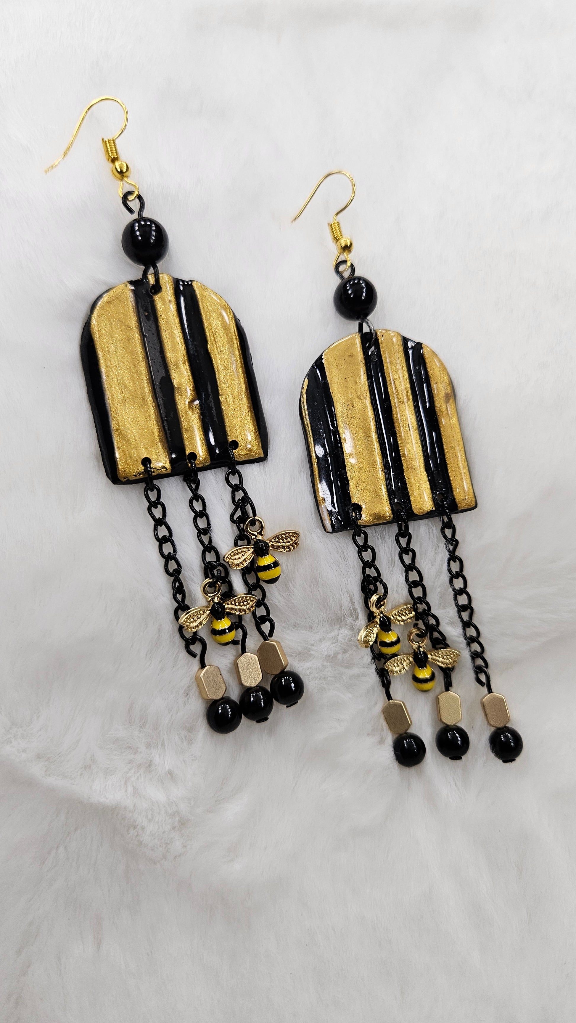 Bumble Bee's Black & Gold Clay Arches with Black Chain Dangle Earrings