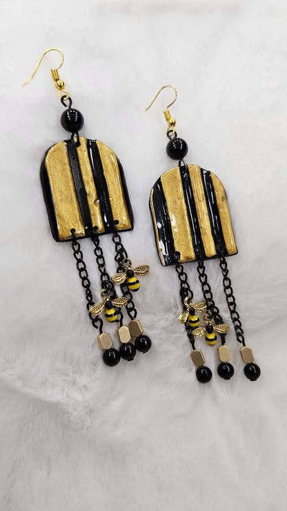 Bumble Bee's Black & Gold Clay Arches with Black Chain Dangle Earrings