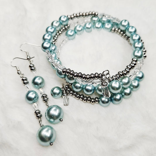 Cool Blue Pearl Wrap Bracelet and Earrings Set