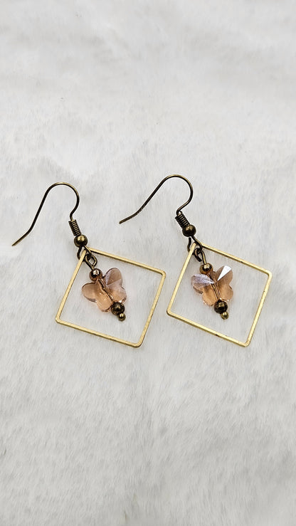 Peach Crystal Butterfly Earrings in Golden Diamond Hoop Dangles on Brass Earwire - 1¾"