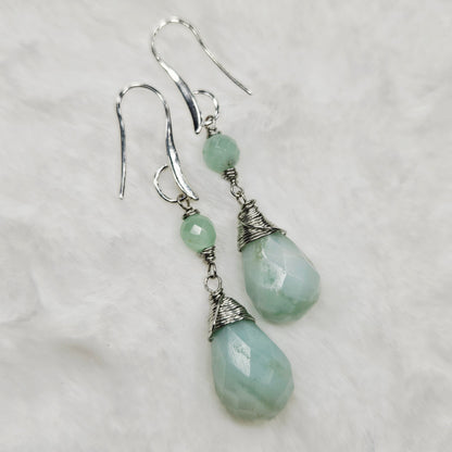 Green Aquamarine Wire Wrapped Teardrop Dangles