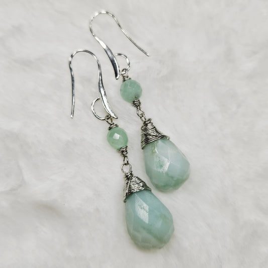 Green Aquamarine Wire Wrapped Teardrop Dangles