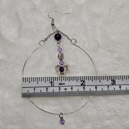 Large Silver Hoop Earrings with Tiny Purple Accents and Heart Dangles