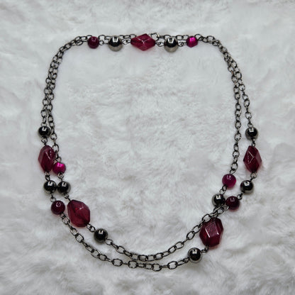 Long Gunmetal Black Chain and Dark Pink Beaded Necklace