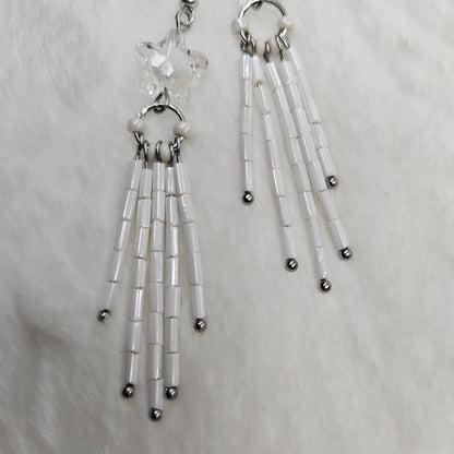 White Crystal Star Burst Earrings with Long Bugle Beaded Tassels