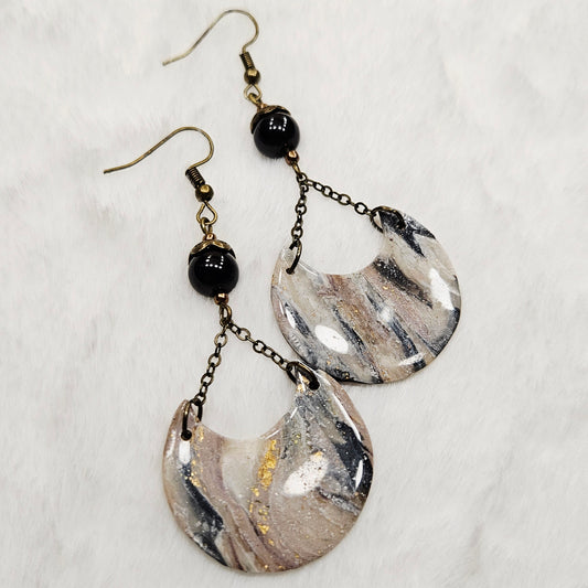 Black and Brown Gold Flake Marble Polymer Clay Crescent Earrings