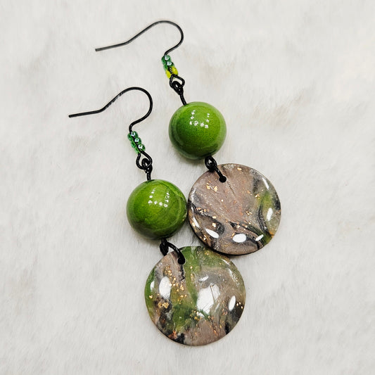 Lime Green Camouflage Round Polymer Clay Earrings