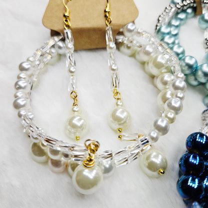 Classic Ivory Pearls and Twisted Glass Wrap Bracelet and Earrings Set