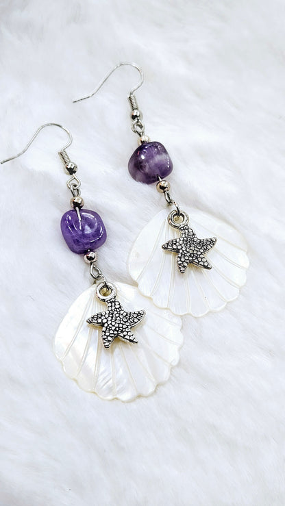 Calming Clams & Starfish: Pearlescent Clam Shells with Silver Starfish Charm & Natural Purple Stone Dangle Earrings