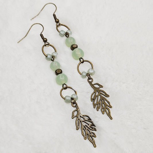 Long Brass Leaf and Pale Green Dangles