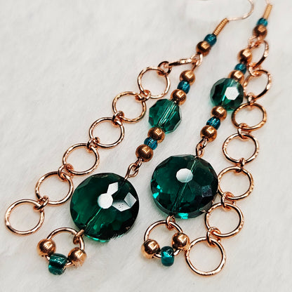 Unique Green Emerald Austrian Crystal and Red Copper Chain Earrings