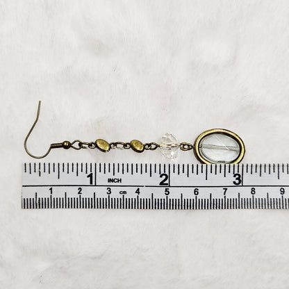 Long Antiqued Brass Earrings with Crystal and Brass-Framed Gem-Cut Rough Glass Dangles