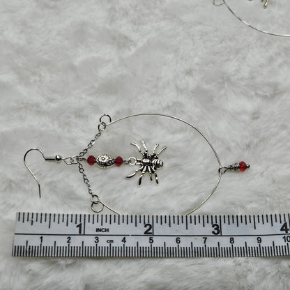 Silver Stainless Steel Hoops with Spider Dangles and Tiny Red Accents - 3½"