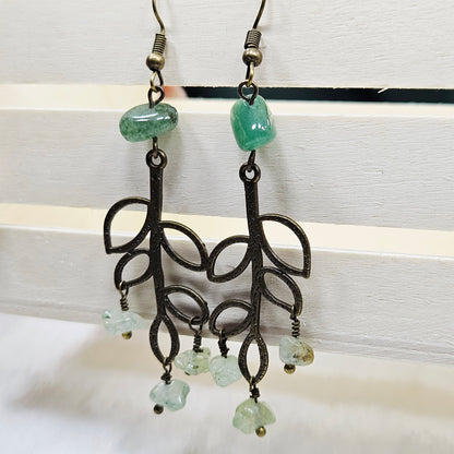 Textured Antique Brass Branch Earrings with Peridot Chip Dangles