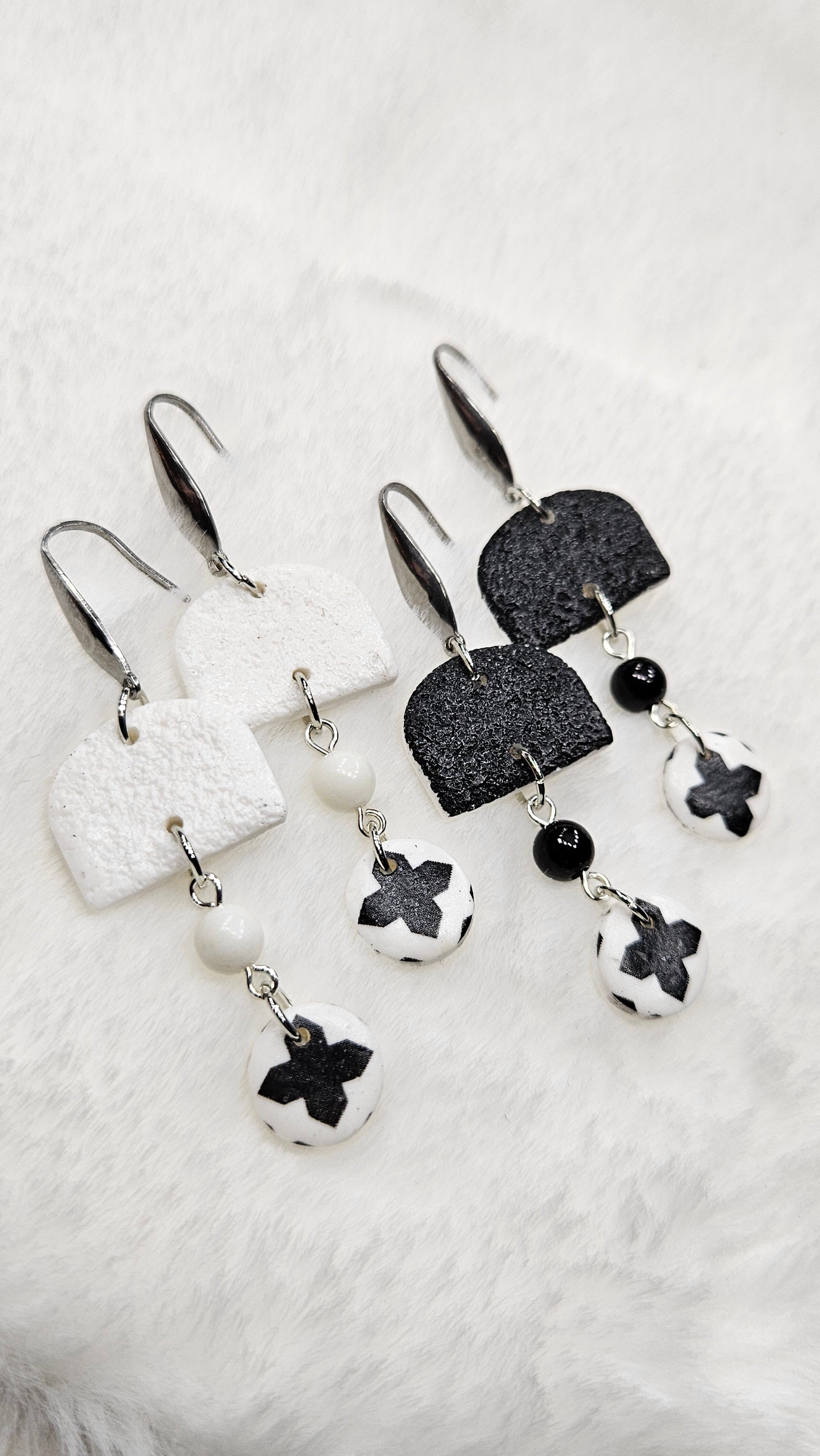 Monochrome Clay Cross Print Button Dangle Earrings with Black or White Arches