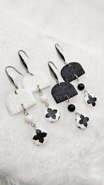 Monochrome Clay Cross Print Button Dangle Earrings with Black or White Arches