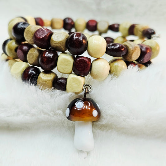 Mushroom Trail Wooden Beaded Wrap Bracelet with Brown Mushroom Charm