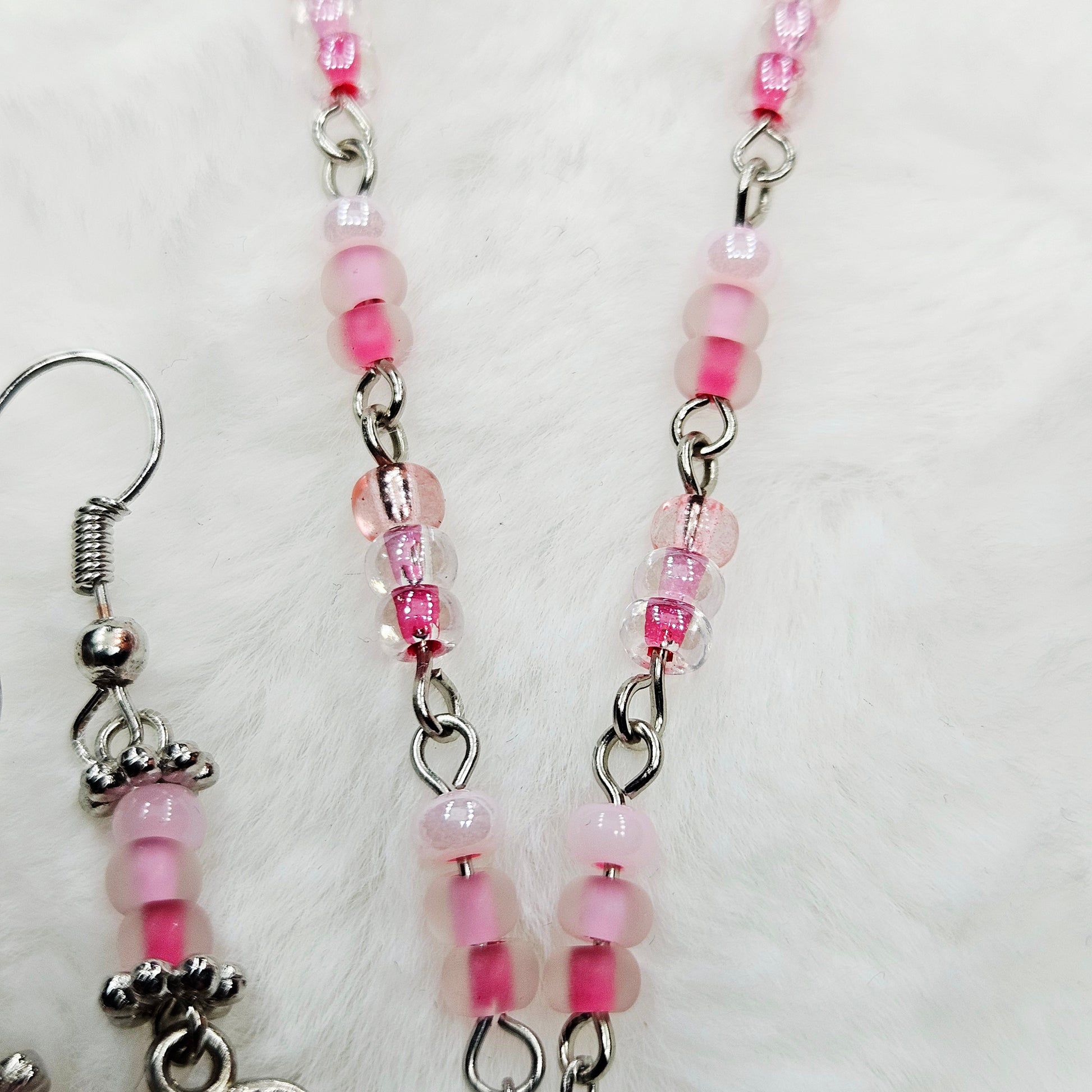 Dainty Pink Polkadot Heart Pendant Necklace and Earrings with Various Pink Glass Seed Beads