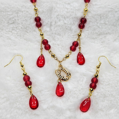 Taste for Blood Vampire Fang Necklace and Earrings with Red Glass Blood Drops Set in Gold