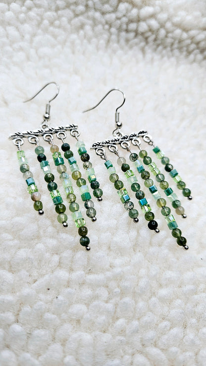 Glorious Greens Set - Silver Leaf Beaded Tassel Earrings & Matching Bracelet