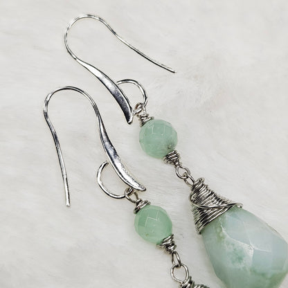 Green Aquamarine Wire Wrapped Teardrop Dangles