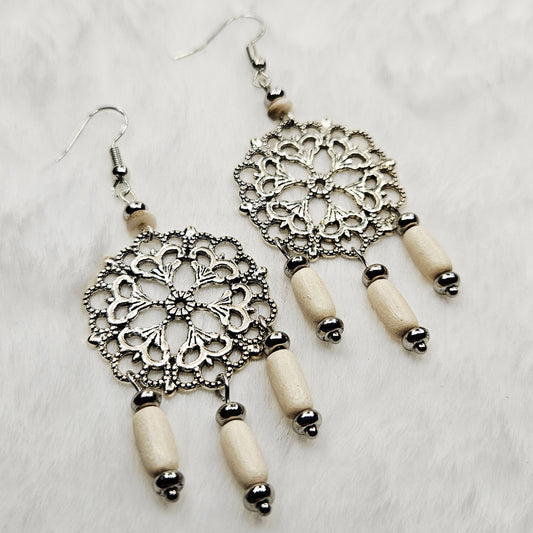 Round Antique Silver Tibetan Filigree Rhombus Chandelier Earrings with White Dangles