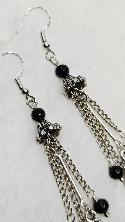 Roosting Bats Drop Dangles with Silver Chain and Black Glass Earrings