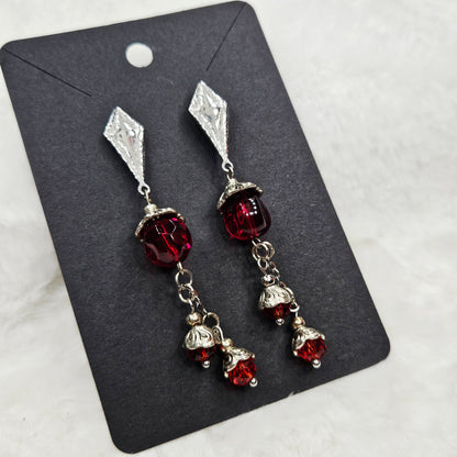 Deep Red Fire-polished Czech Glass Stud Dangle Earrings