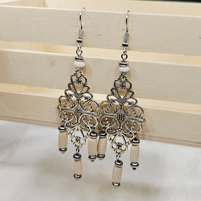Diamond Antique Silver Tibetan Filigree Rhombus Chandelier Earrings with White Dangles