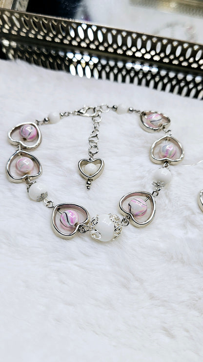 Pink Marble & Silver Heart Frame Bracelet