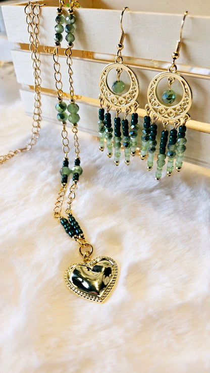 Gorgeous Greens Set - Golden Heart Pendant Necklace & Matching Chandelier Earrings