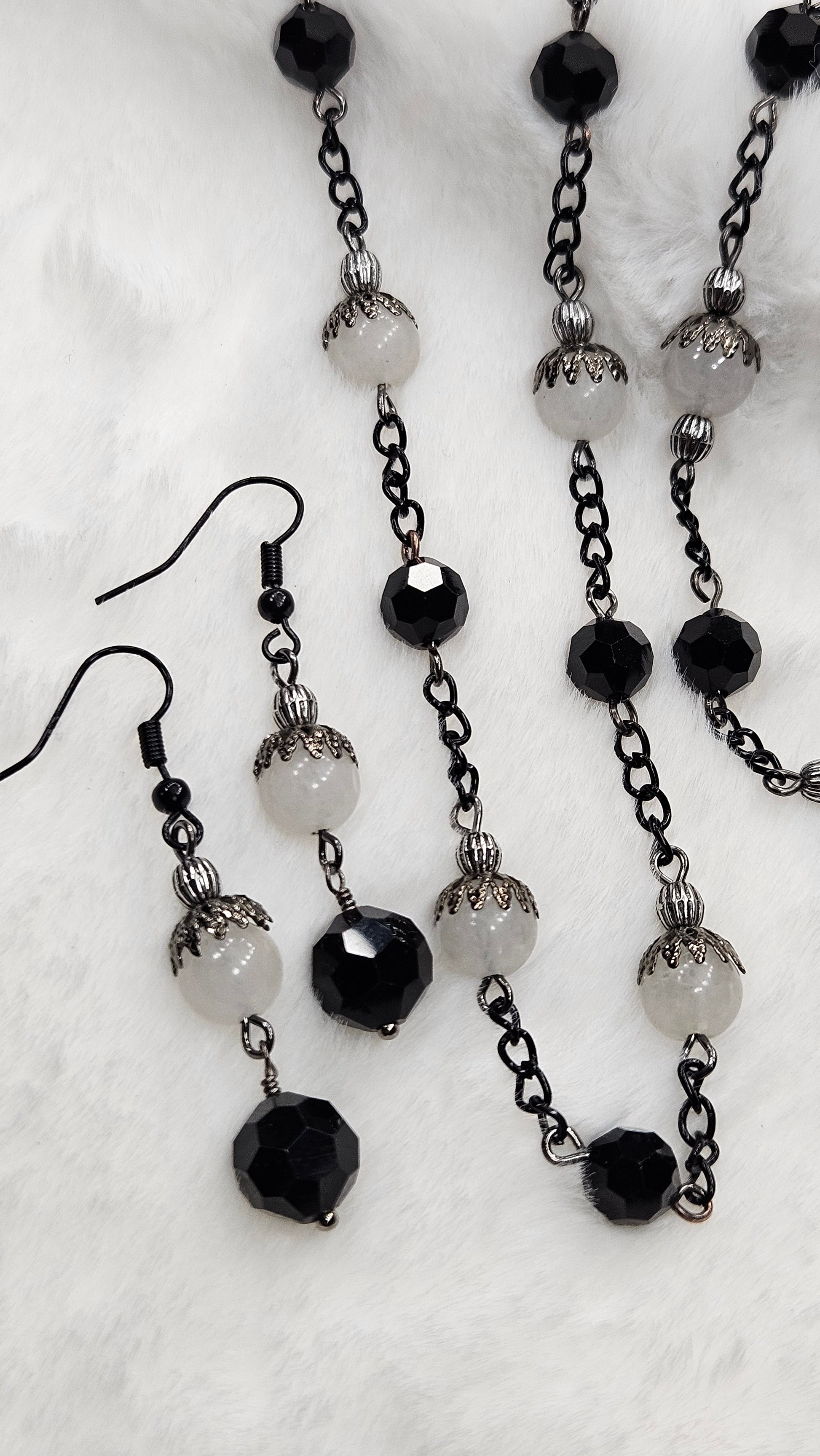 Modern Vintage Black Chain Necklace, Earrings and Bracelet with White Jade and Black Crystals