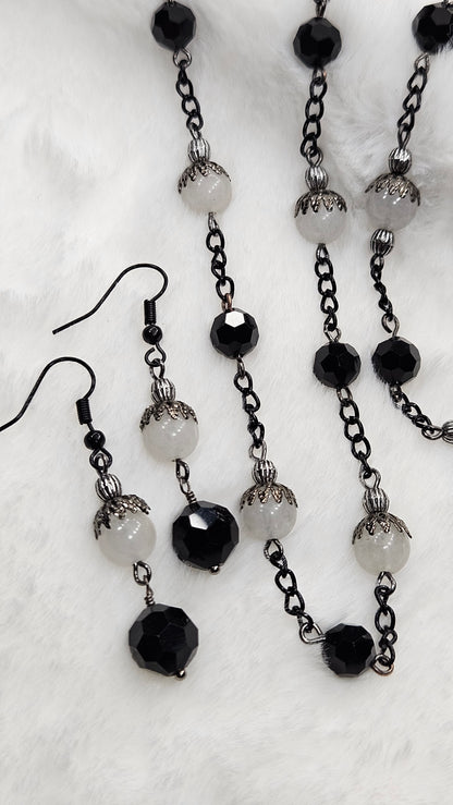 Modern Vintage Black Chain Necklace, Earrings and Bracelet with White Jade and Black Crystals
